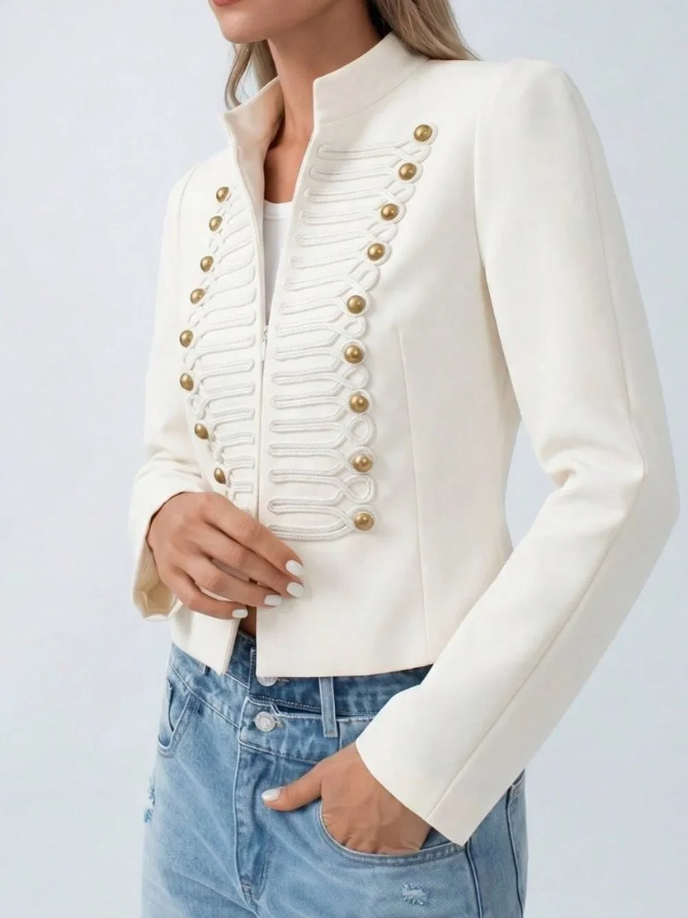 Beige Elegant Women's Exaggerated Shoulder and Faux Buttons Office Jacket